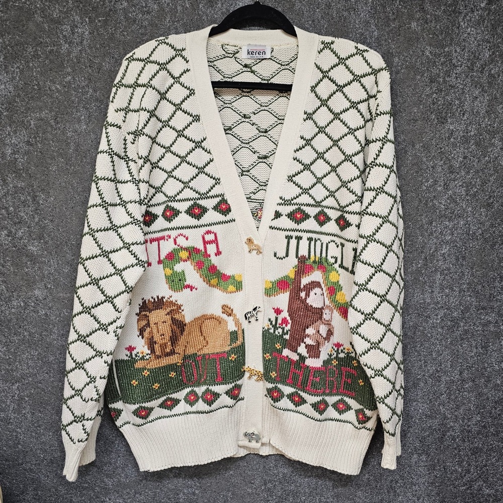 90's Keren "It's a Jungle Out There" knit cardigan, Cream Green, Cotton, Size L